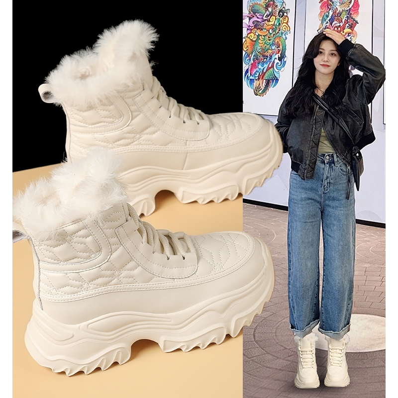 旺贝回力白色雪地靴女冬季加绒加厚高帮老爹运动棉鞋女东北厚底真