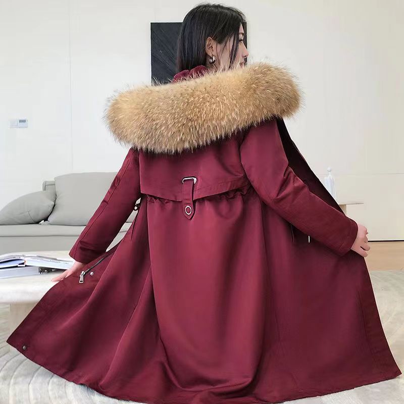 (毛袖版)女士时尚连帽大毛领冬季保暖显瘦可拆卸内胆中长款派克服
