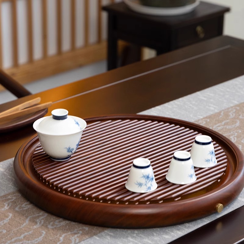 圆形实木茶盘家用客厅简约中式小型干泡台茶台功夫茶具排水款40