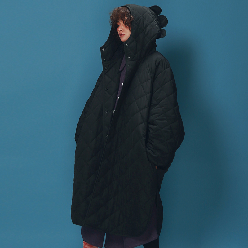 嬉游记原创 冬季外套新款棉衣女黑色百搭菱格夹棉保暖连帽棉服