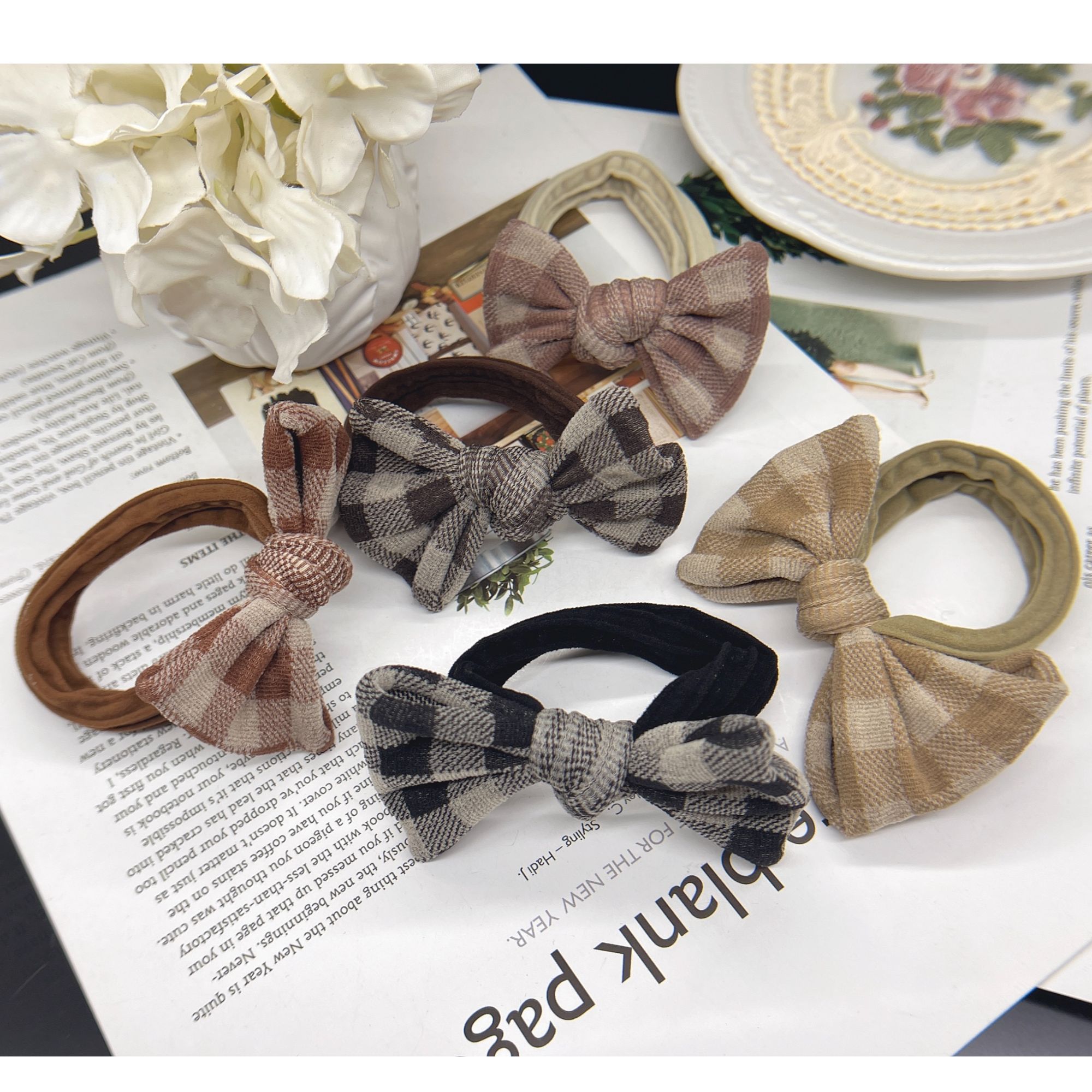 F-972韩版格纹蝴蝶结高弹力发圈5根