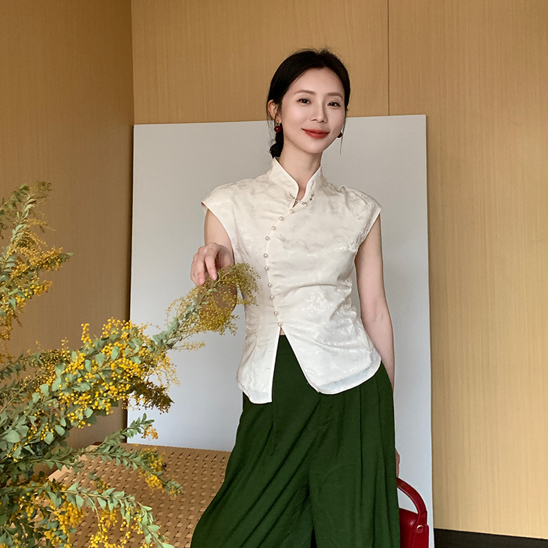 2024夏季新中式优雅显瘦盘扣立领提花衬衫女短袖上衣91006气质