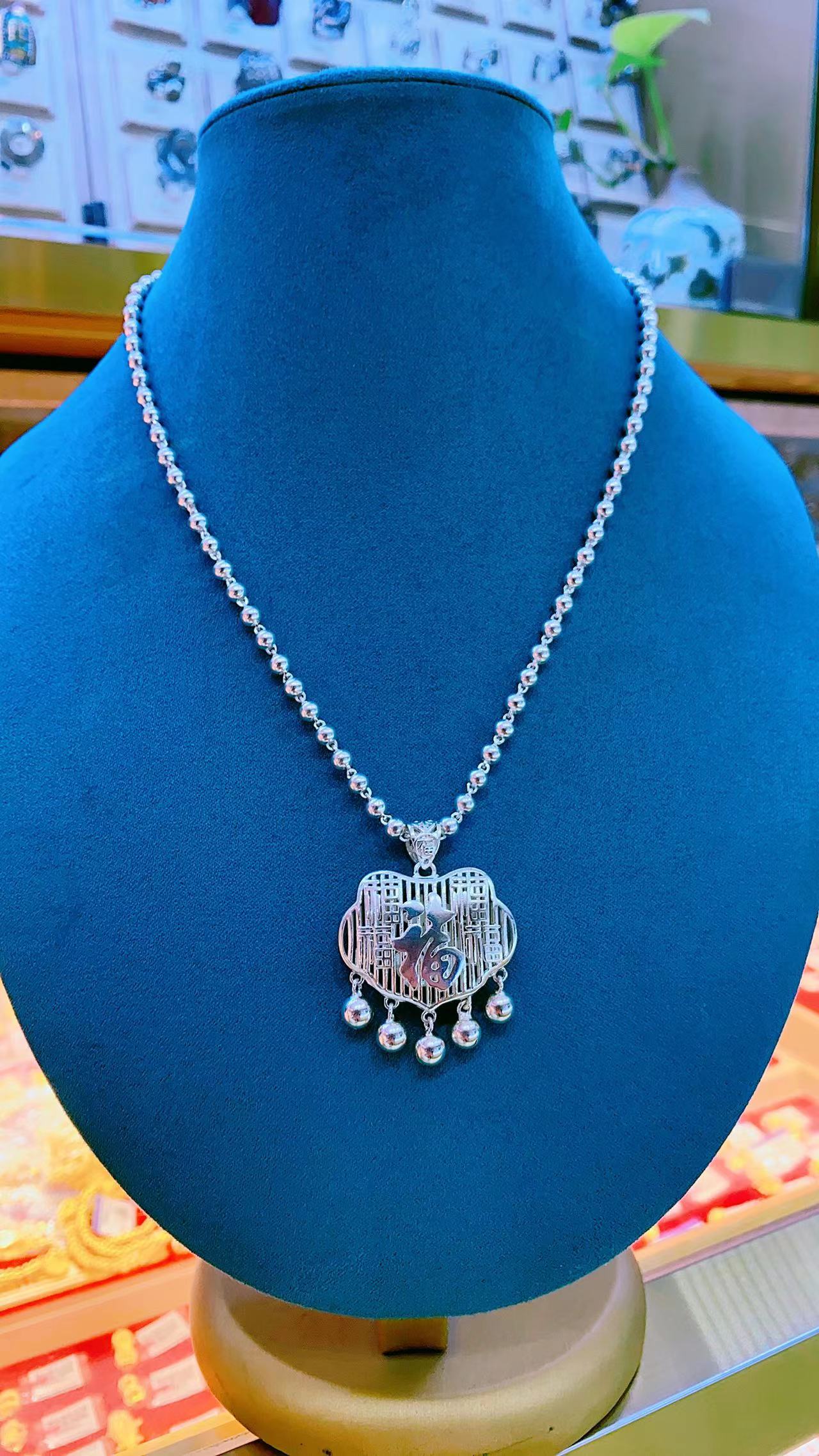 坠链均足银 【春晓老银匠】时尚五福平安锁项链