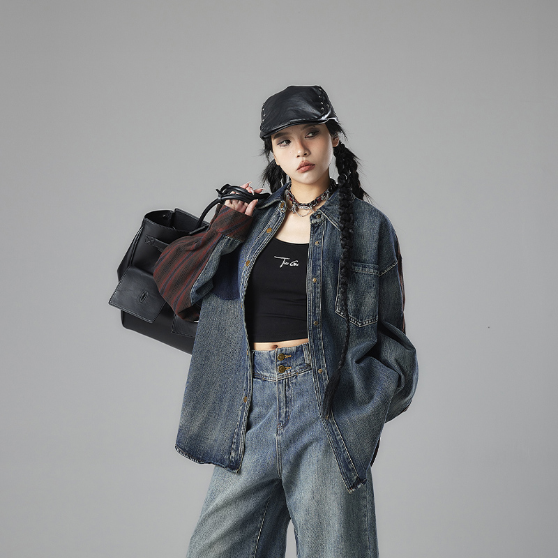 TUOGU/拓谷长袖牛仔短款休闲复古宽松水洗时尚经典上衣 Q40275