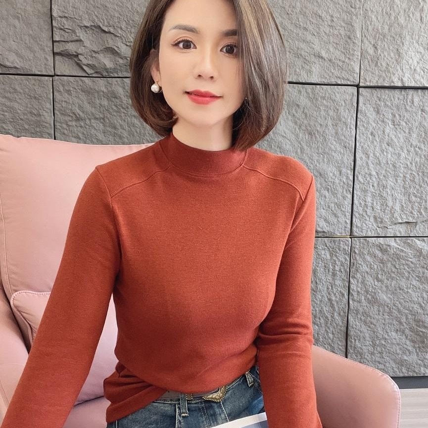 网红秋季显瘦正肩长袖女百搭立领上衣纯色内搭打底衫时尚高品质