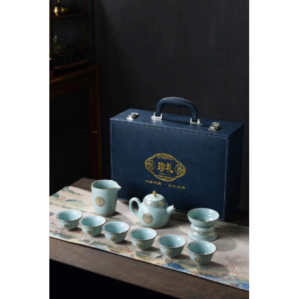 （中秋福利）天青汝窑福字描金茶具家用陶瓷天青礼盒装三才瓷盖碗
