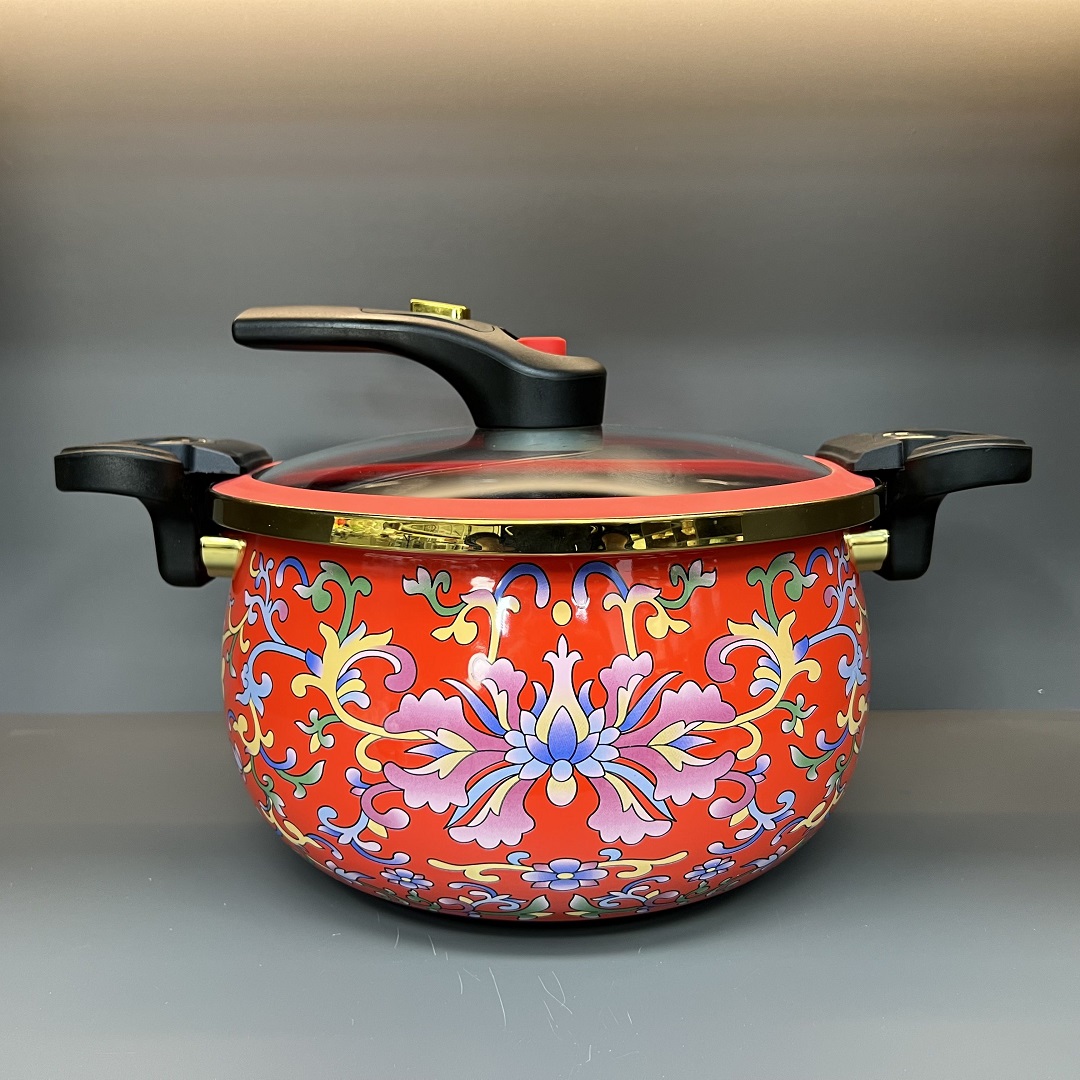 27cm珐琅红钩莲微压锅7L大容量搪瓷压力锅加厚打炖锅（不挑灶具）