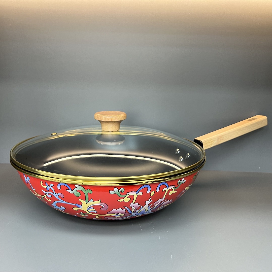 【外贸品质】30cm纳米微陶珐琅搪瓷炒锅无涂层不粘锅【红钩莲】