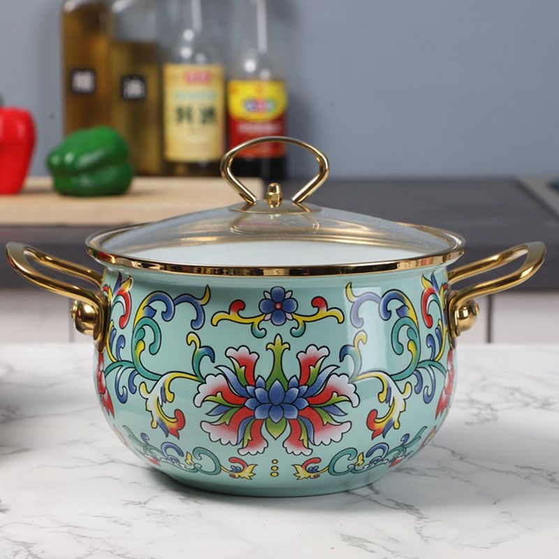 22cm珐琅搪瓷描金边绿钩莲汤锅加厚双耳炖锅煮锅电磁炉明火通用