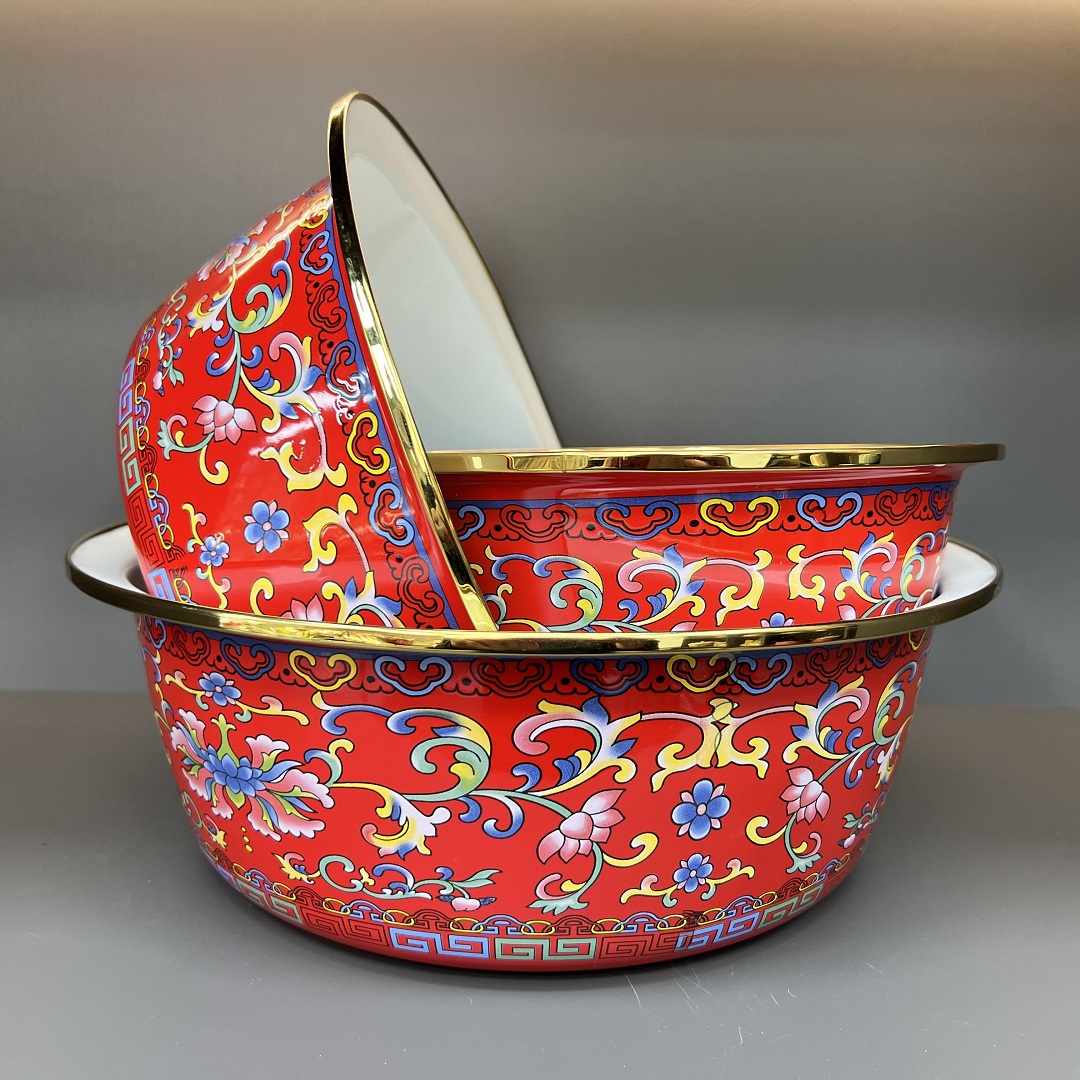 24/28/32cm加厚珐琅搪瓷金边红钩莲和面盆带盖洗菜盆汤盆