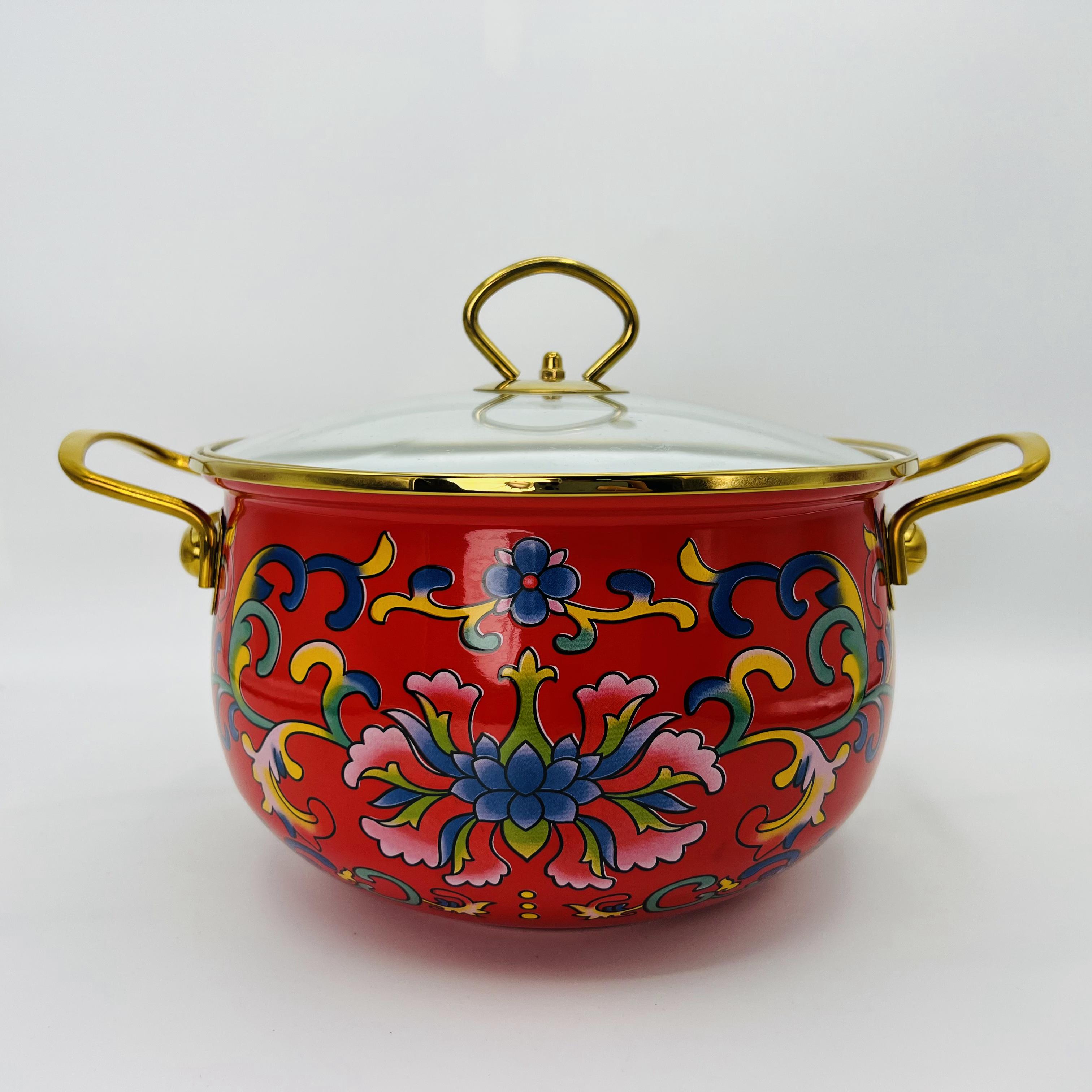 22cm珐琅搪瓷金边红钩莲可视玻璃盖汤锅加厚炖锅电磁炉明火通用