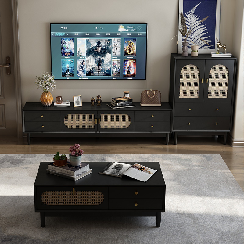 新款黑色藤编电视柜茶几组合客厅家用小户型法式复古黑色高级感