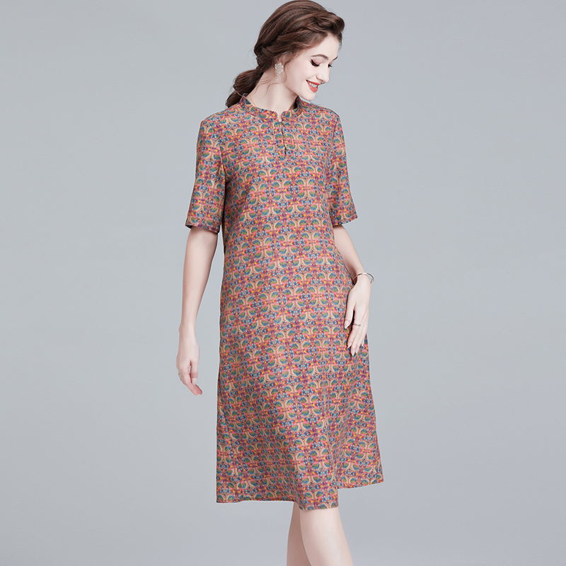 KA67899亚麻复古印花连衣裙女夏季中年妈妈大码气质收腰显瘦裙子