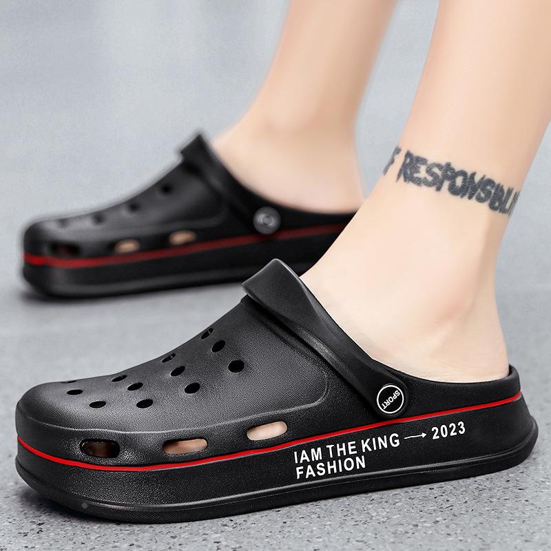 踩屎感洞洞鞋男款防滑软底厚底拖鞋男士外穿简约包头沙滩凉鞋室外