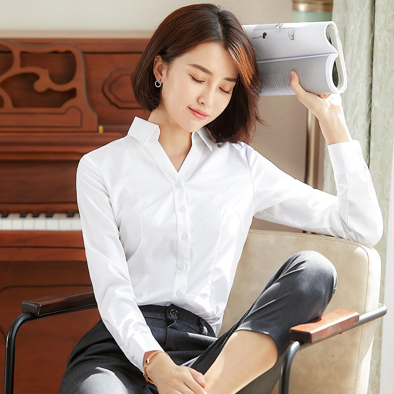 美琪竹纤维小V领衬衫女职业装工作服衬衫女酒店春季设计感衬衫白