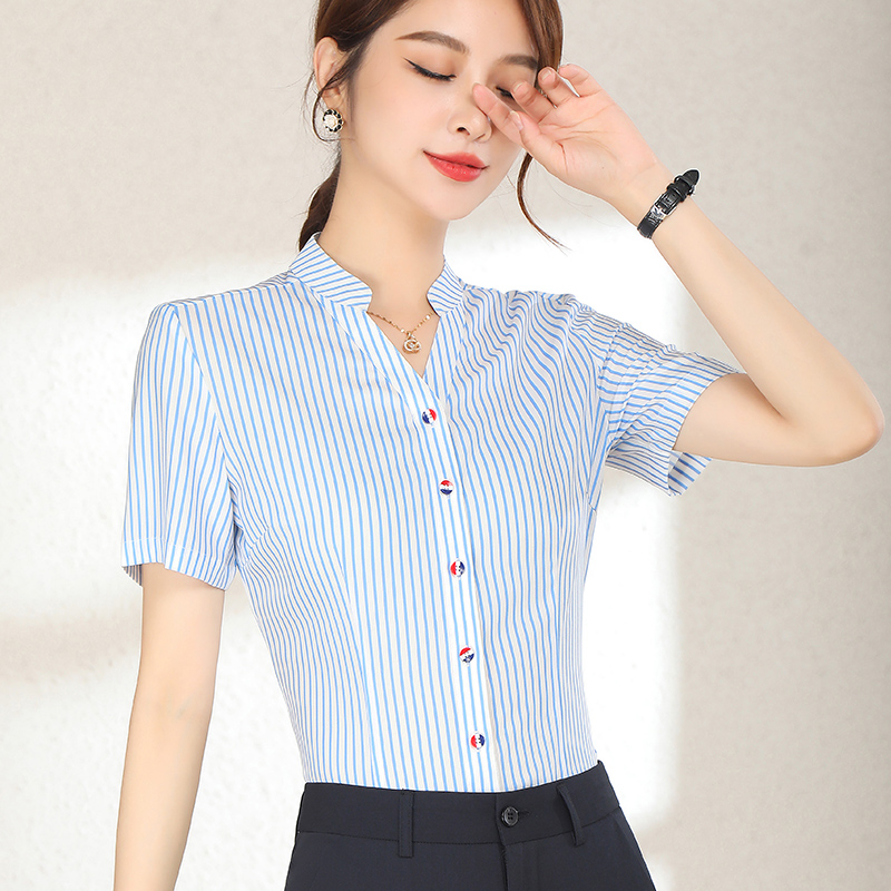 V领衬衫条纹衬衣职业装工作服工装大码气质修身夏季服务员衬衫女