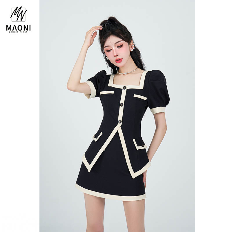 毛妮气质减龄泡泡袖套装裙女小香风上衣短裙时尚两件套【清】D8172