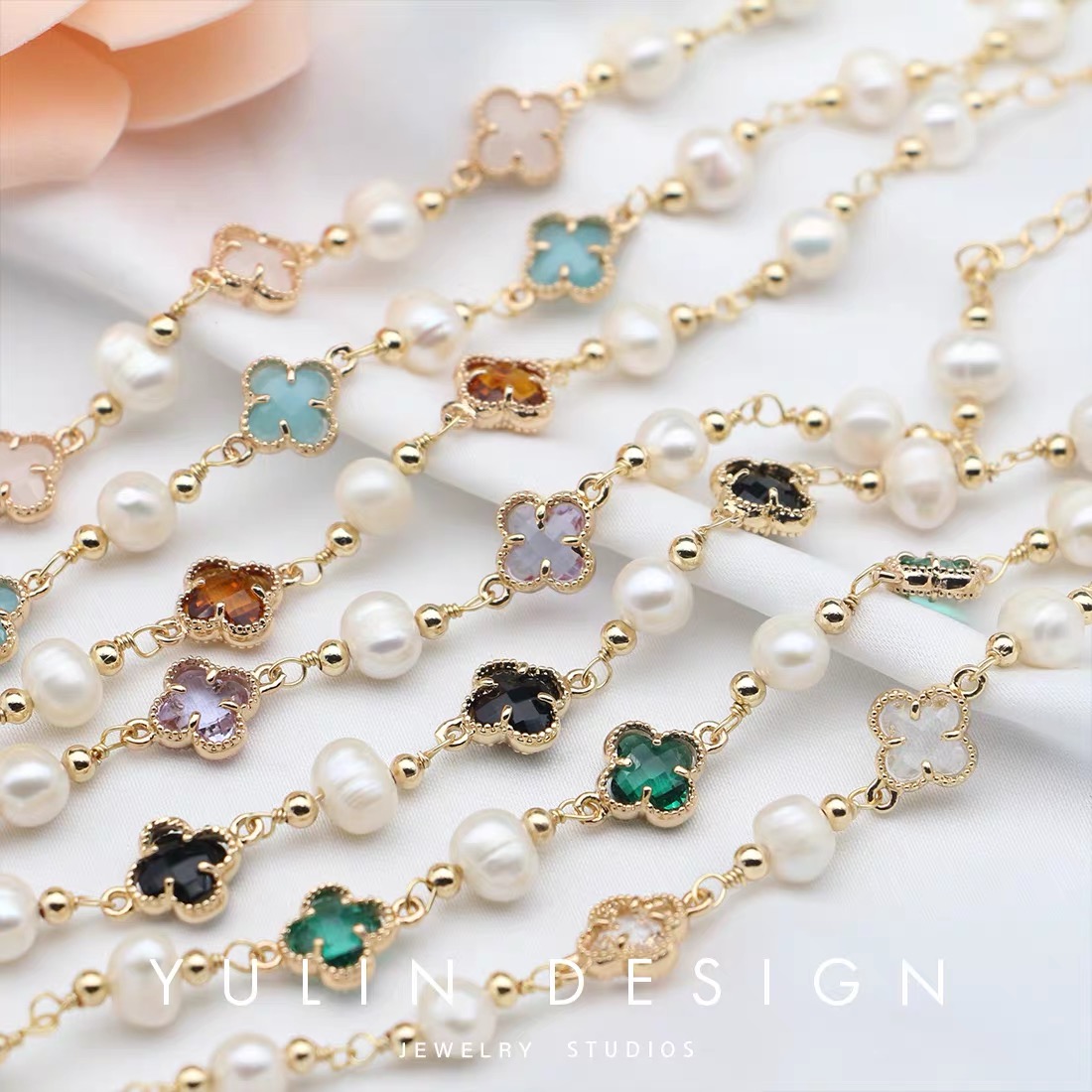 646 紫色四叶珍珠手链