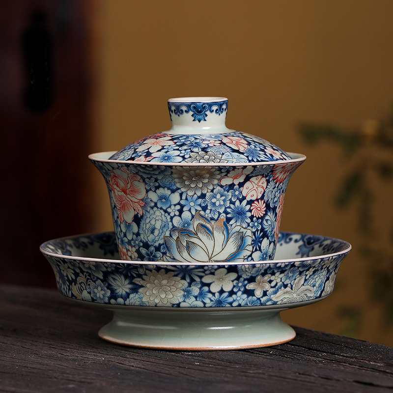 汝窑开片仿宋牡丹三才盖碗中式家用高足高档复古单个茶碗泡茶盖碗