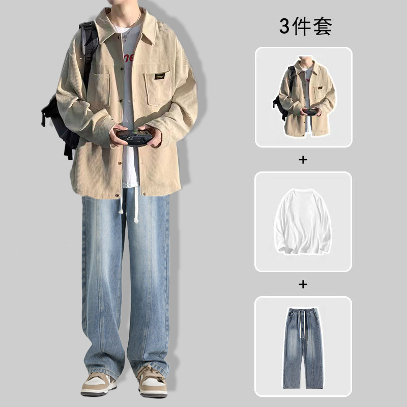 80-230斤胖子灯芯绒衬衫男长袖秋季宽松百搭学生大码衬衣三件套