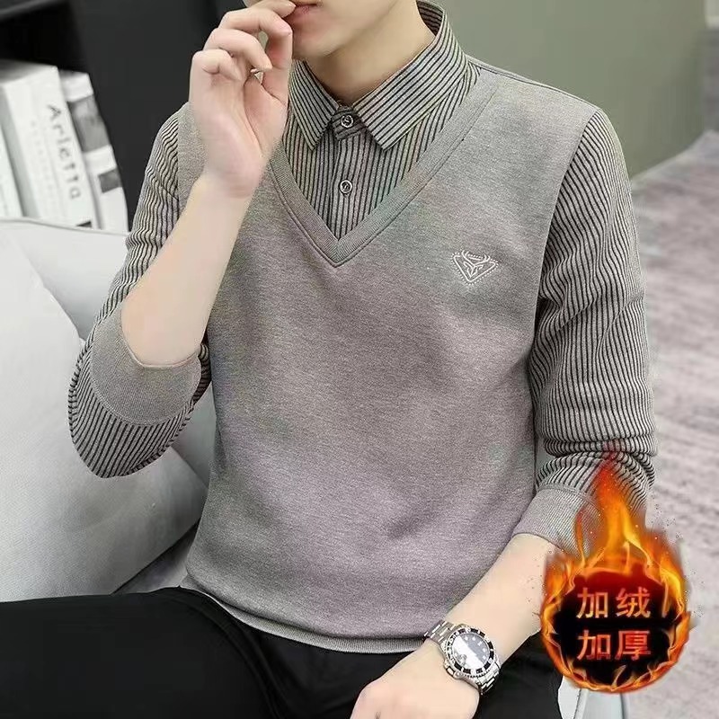 品搏秋冬新款刺绣假两件加绒加厚男士时尚条纹衬衫领