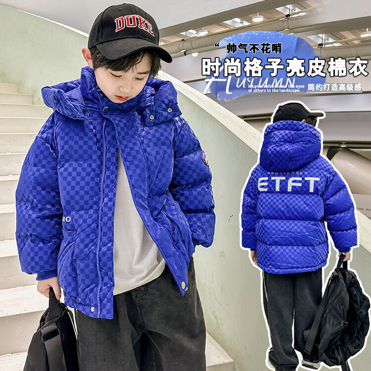 儿童中长款格子连帽棉衣棉服2023新款冬装男童冬季棉袄外洋气时尚