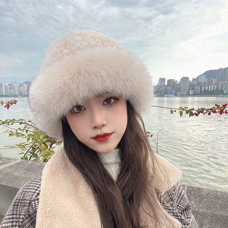 皮草帽子渔夫帽冬韩版女士冬季新款獭兔毛编织配狐狸毛边保暖潮搭