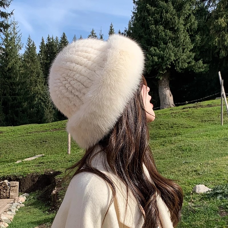 皮草帽子渔夫帽冬韩版女士冬季新款水貂毛编织配狐狸毛边保暖潮搭