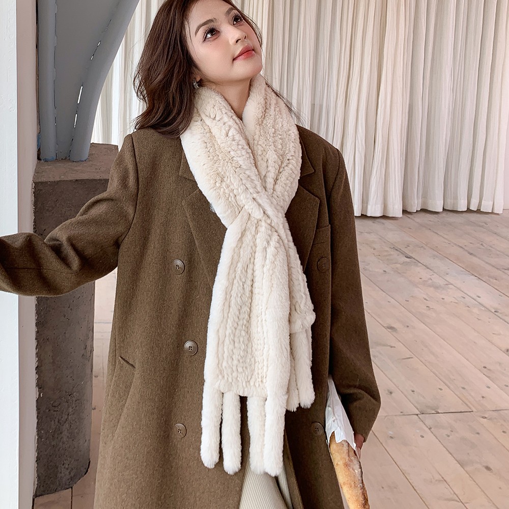 秋冬新款獭兔毛长款皮草围巾韩版百搭流苏双面加厚兔毛披肩真毛