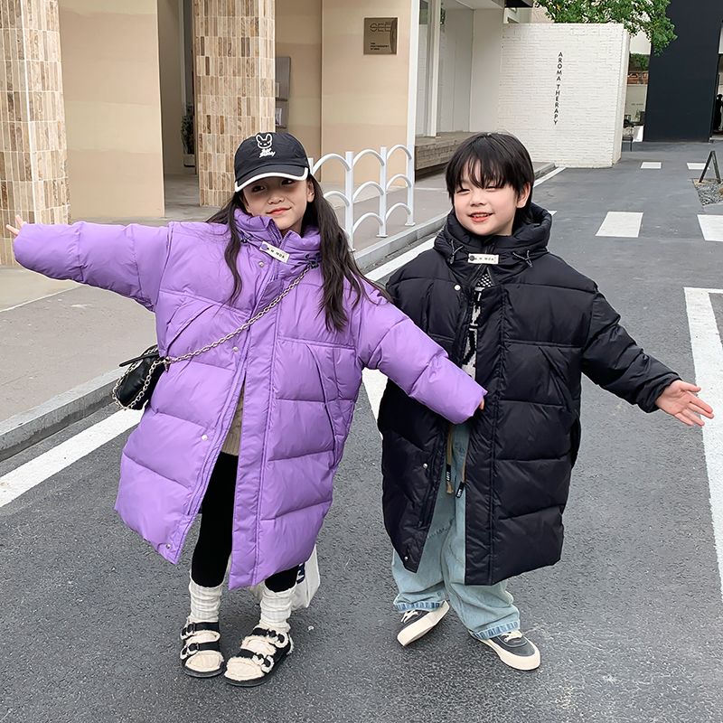 巴拉拉吧男女童中长款羽绒服加厚冬新款儿童中大童过膝连帽外套白