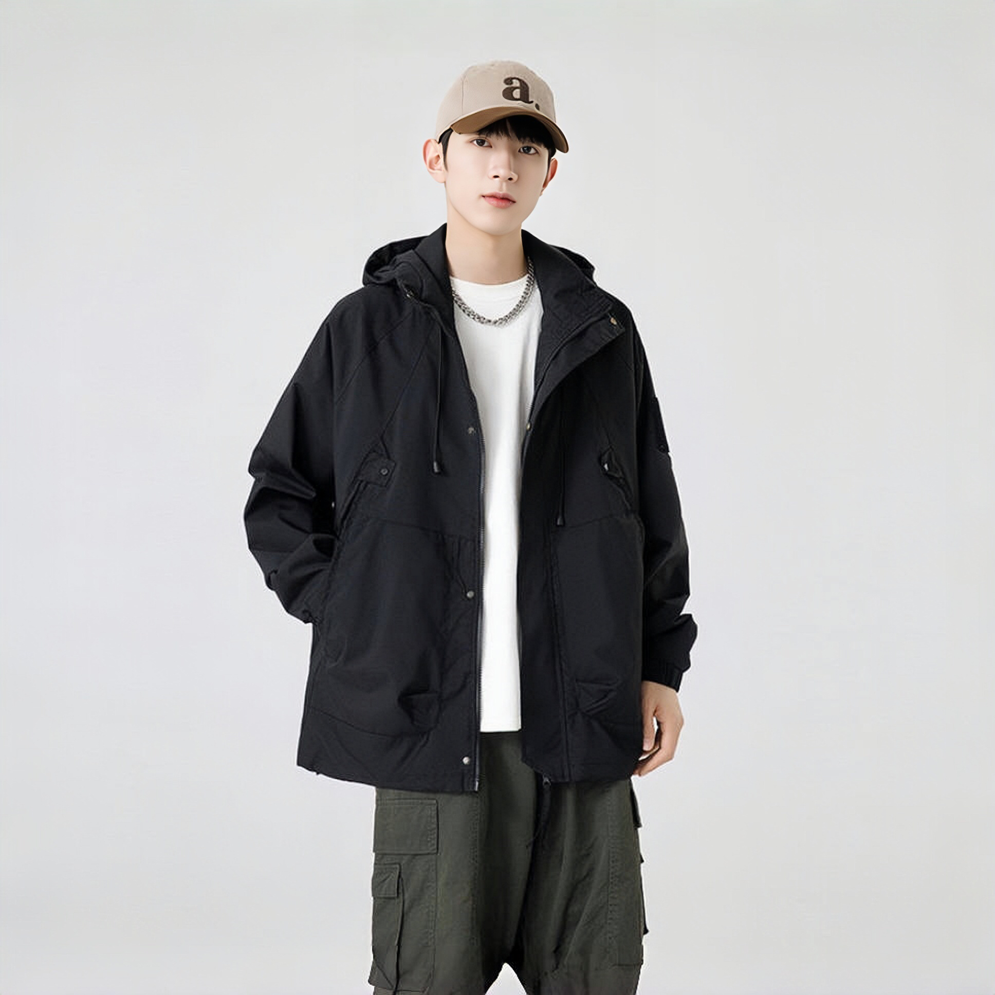 三防户外连帽外套冲锋衣百搭新款登山服宽松休闲男式夹克潮牌秋装