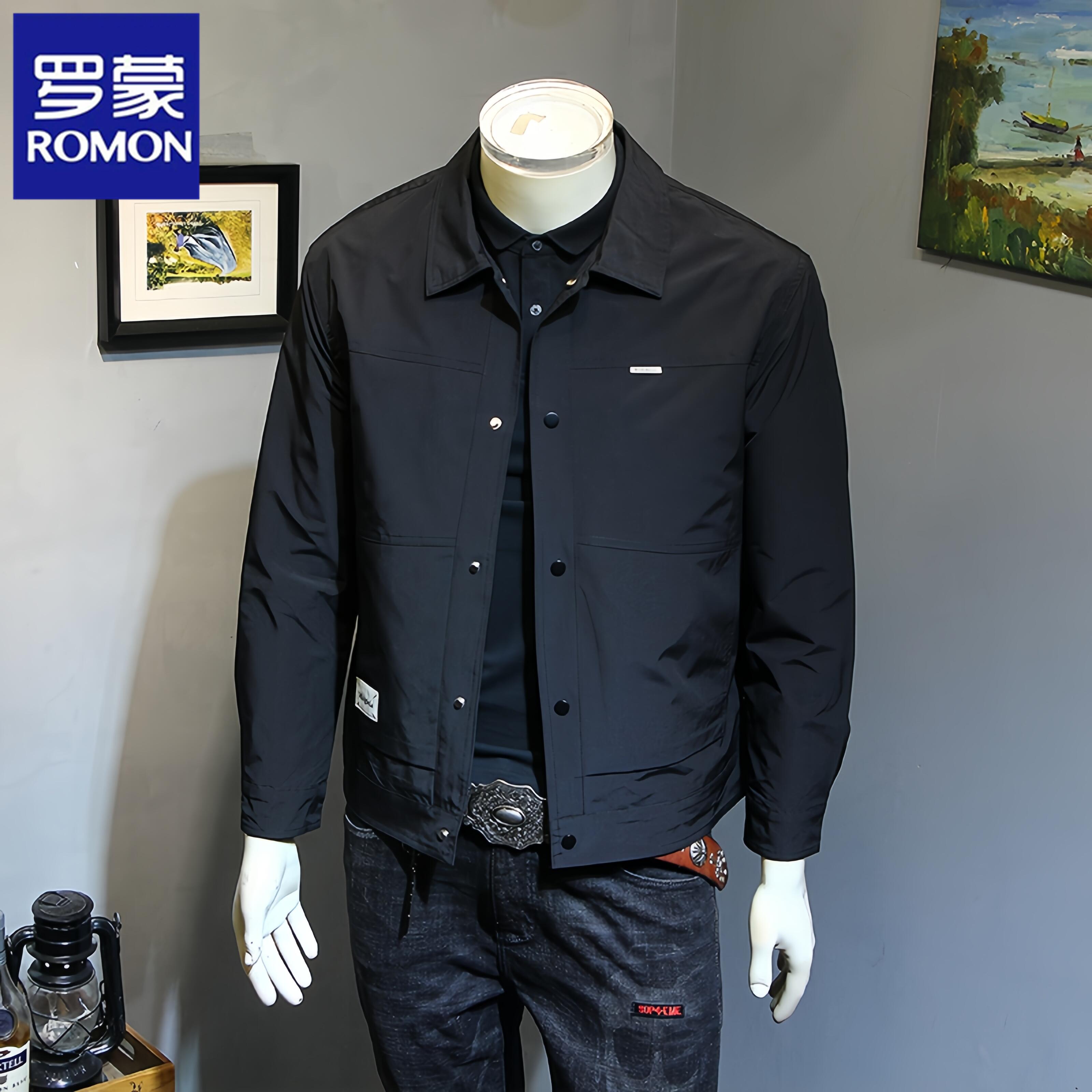罗蒙夹克男士秋季潮流工装运动翻领上衣服纯色宽松休闲外套男潮流