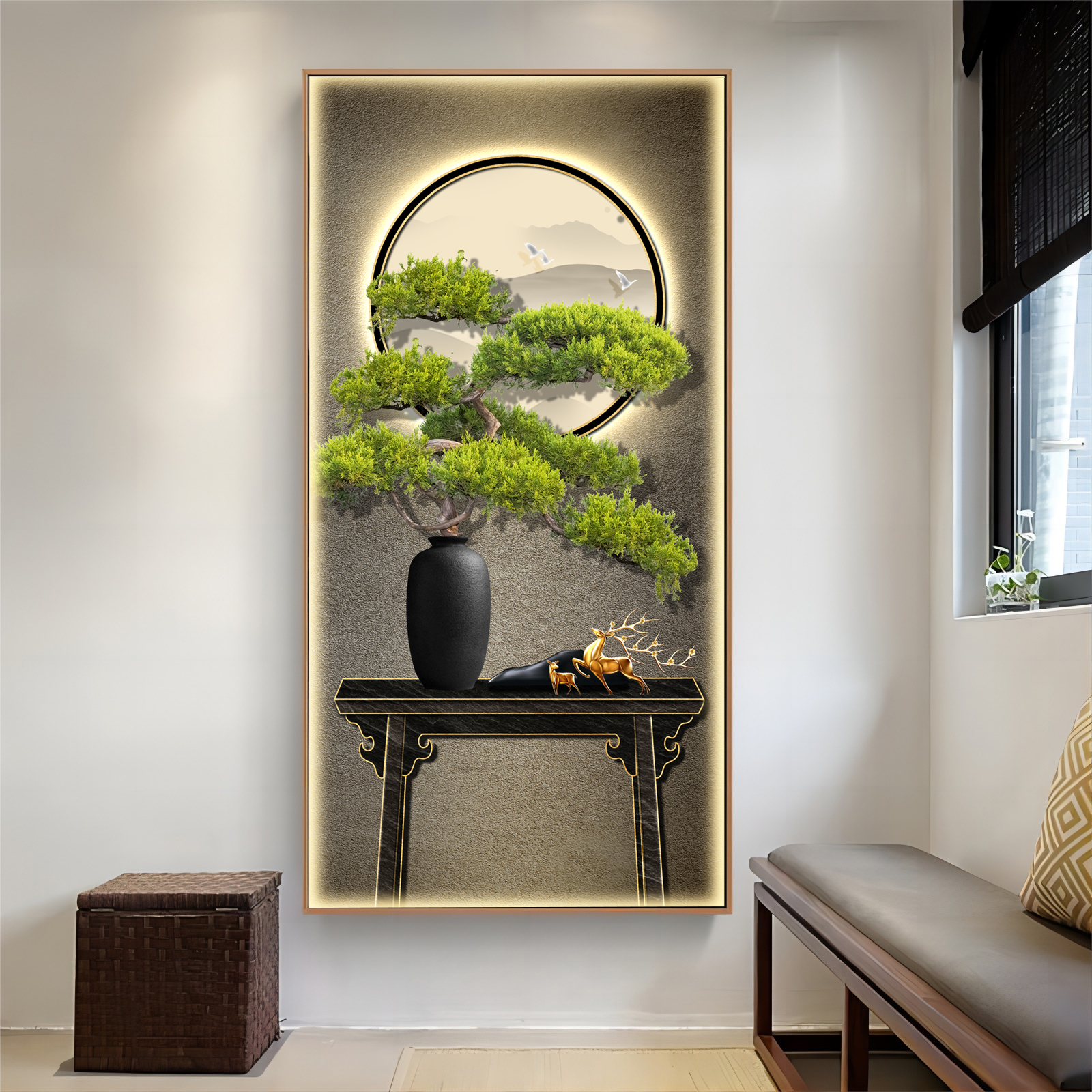 玄关装饰画轻奢迎客松客厅会客室挂画过道走道尽头墙壁画铝合金框