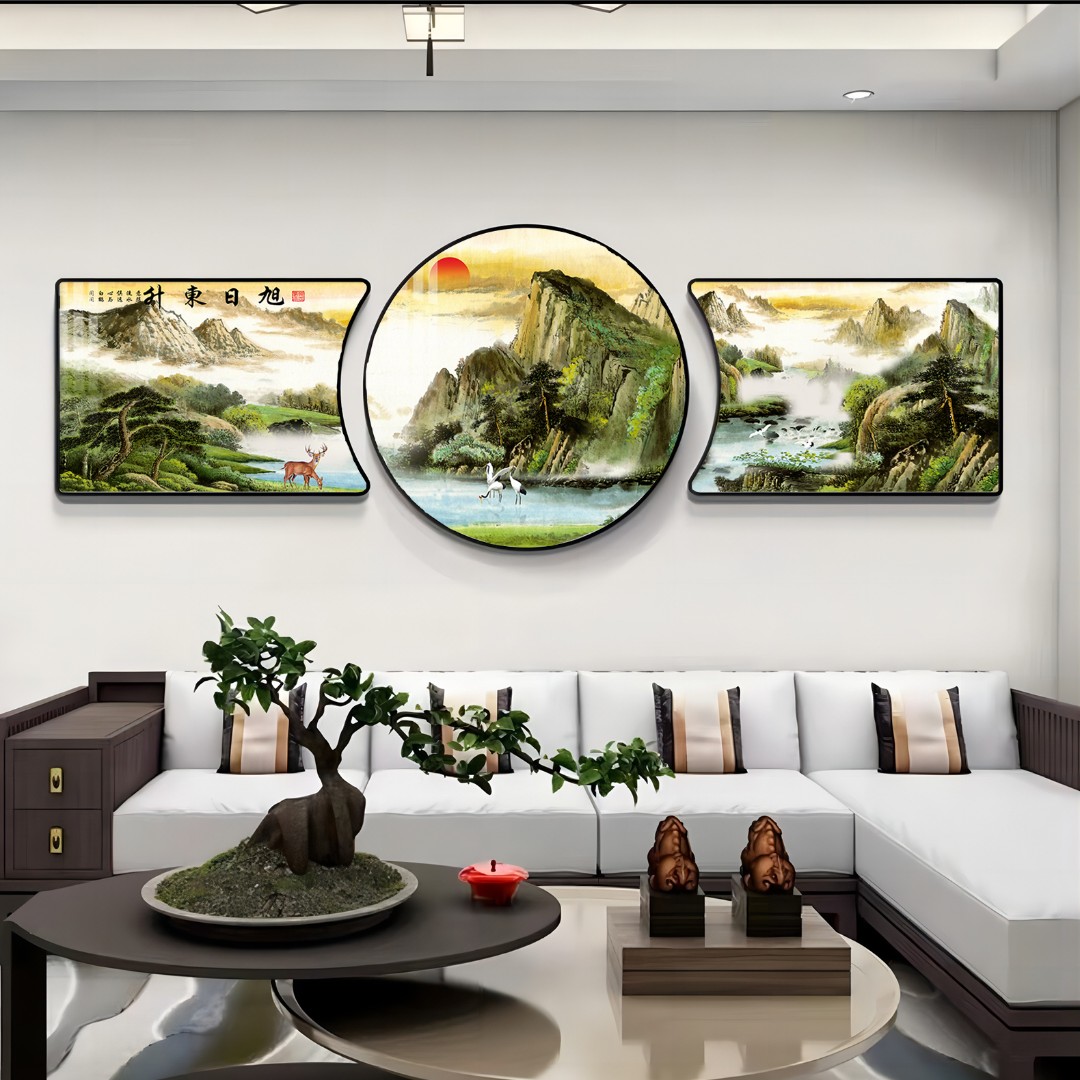 客厅沙发背景墙挂画旭日东升装饰画新中式电视背景壁画三联晶瓷画