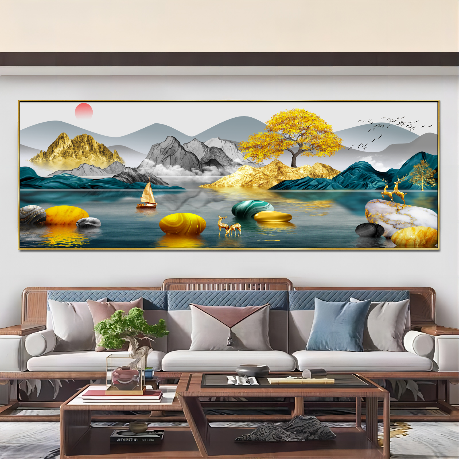 金山客厅沙发背景装饰画新中式山水玄关挂画横款晶瓷壁画白墙壁画