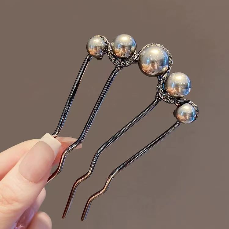 珍珠u型发簪高级感枪黑4齿插梳发钗古风新中式簪子盘发钗神器头饰