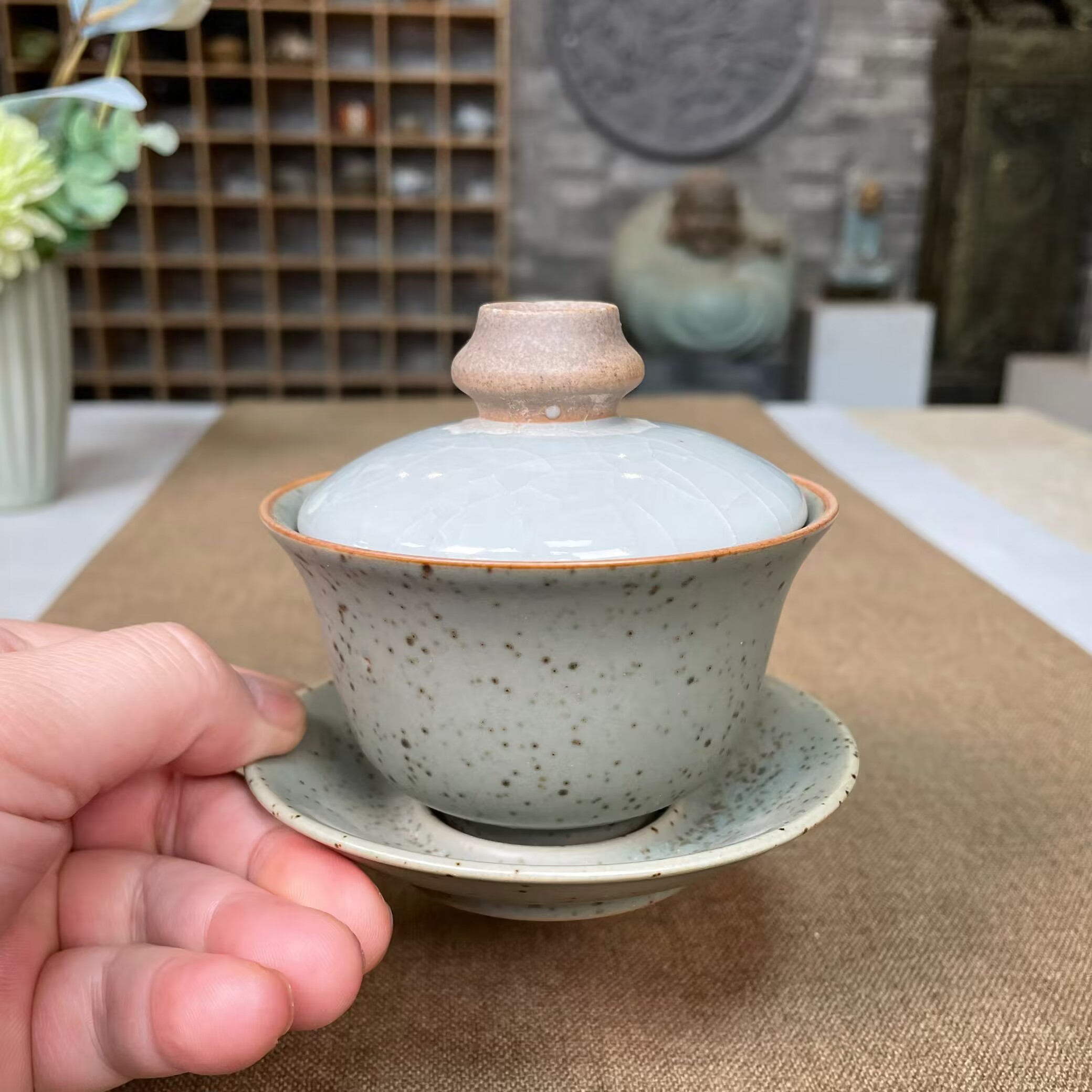 稻草烧三才玉陶盖碗茶备