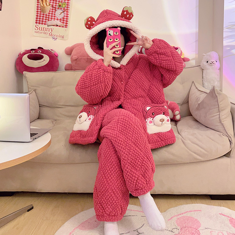 2023新款珊瑚绒睡衣女冬加厚加绒三层夹棉套装可外穿法兰绒家居服