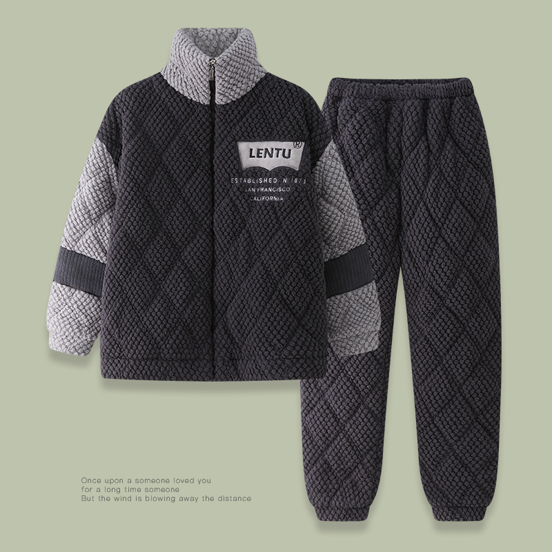 珊瑚绒睡衣男士2023新款冬季三层夹棉加绒加厚法兰绒家居服两件套