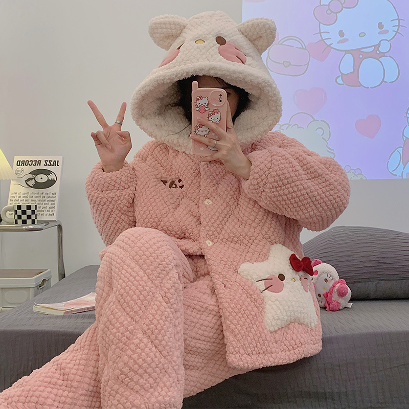 法兰绒睡衣女冬季加绒加厚可外穿珊瑚绒新款2023年三层夹棉家居服