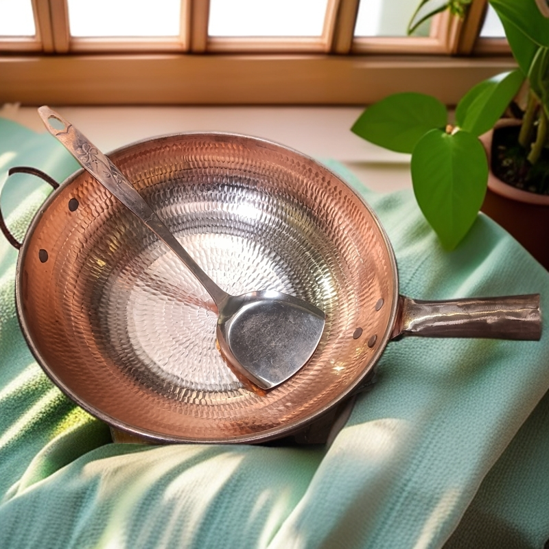 手工紫铜燃气铜把炒锅（送纯铜锅铲）