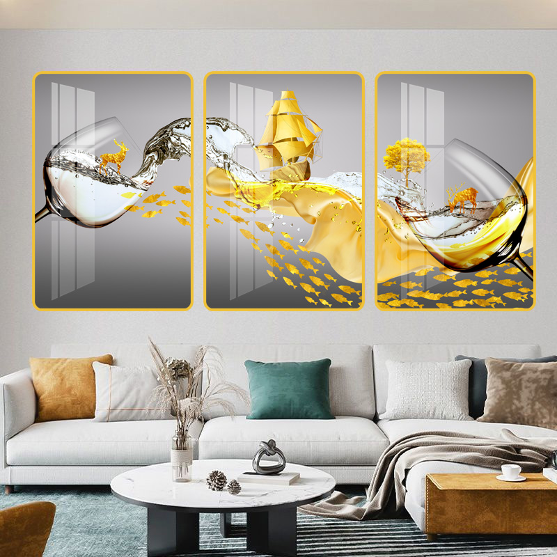 DJ27餐厅酒杯40*60*3沙发壁画简约松弛感三联墙画晶瓷装饰画