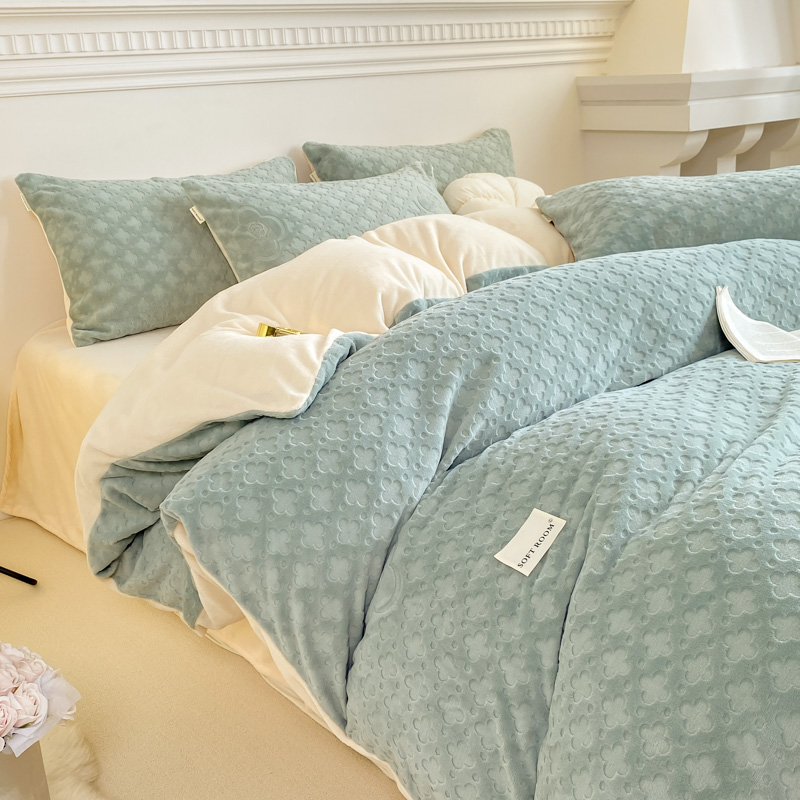 加绒加厚牛奶绒床上四件套珊瑚绒双面加单被套法兰品三件毛绒被罩