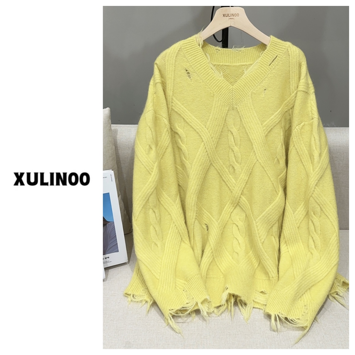 【老徐推荐】春秋冬气质百搭黄色破洞美学套头毛衣XL1216-0830