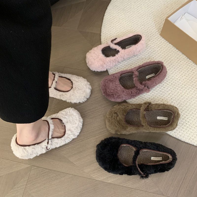 粉色毛毛鞋女秋冬外穿2023新款网红仙女软平底加绒保暖玛丽珍单鞋