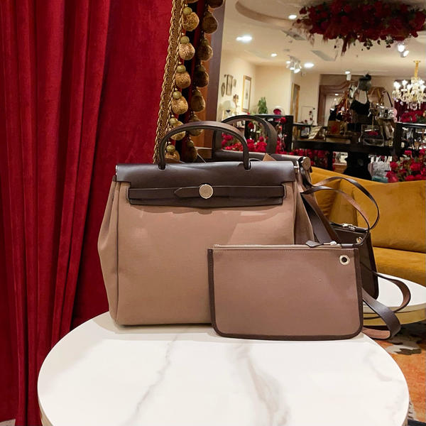 95新 Hermes/爱马仕 Herbag31乌木色银扣帆布单肩包/27509479