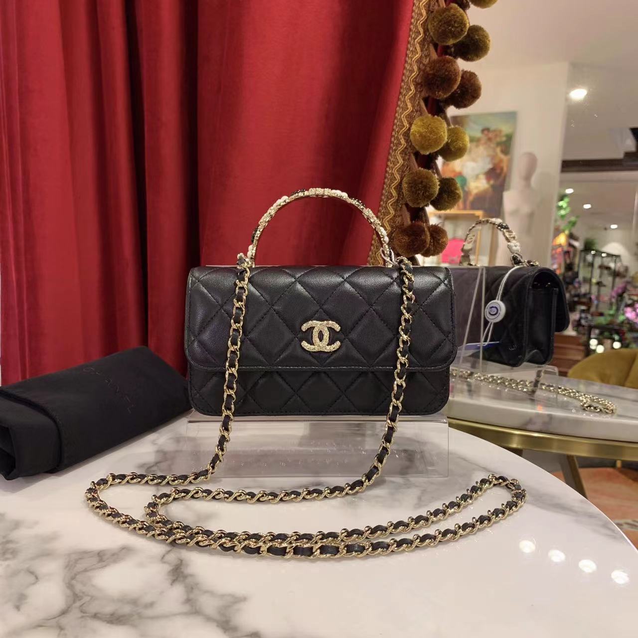 99新 Chanel/香奈儿 23k花朵手柄mini woc黑芯片款单肩包47265658