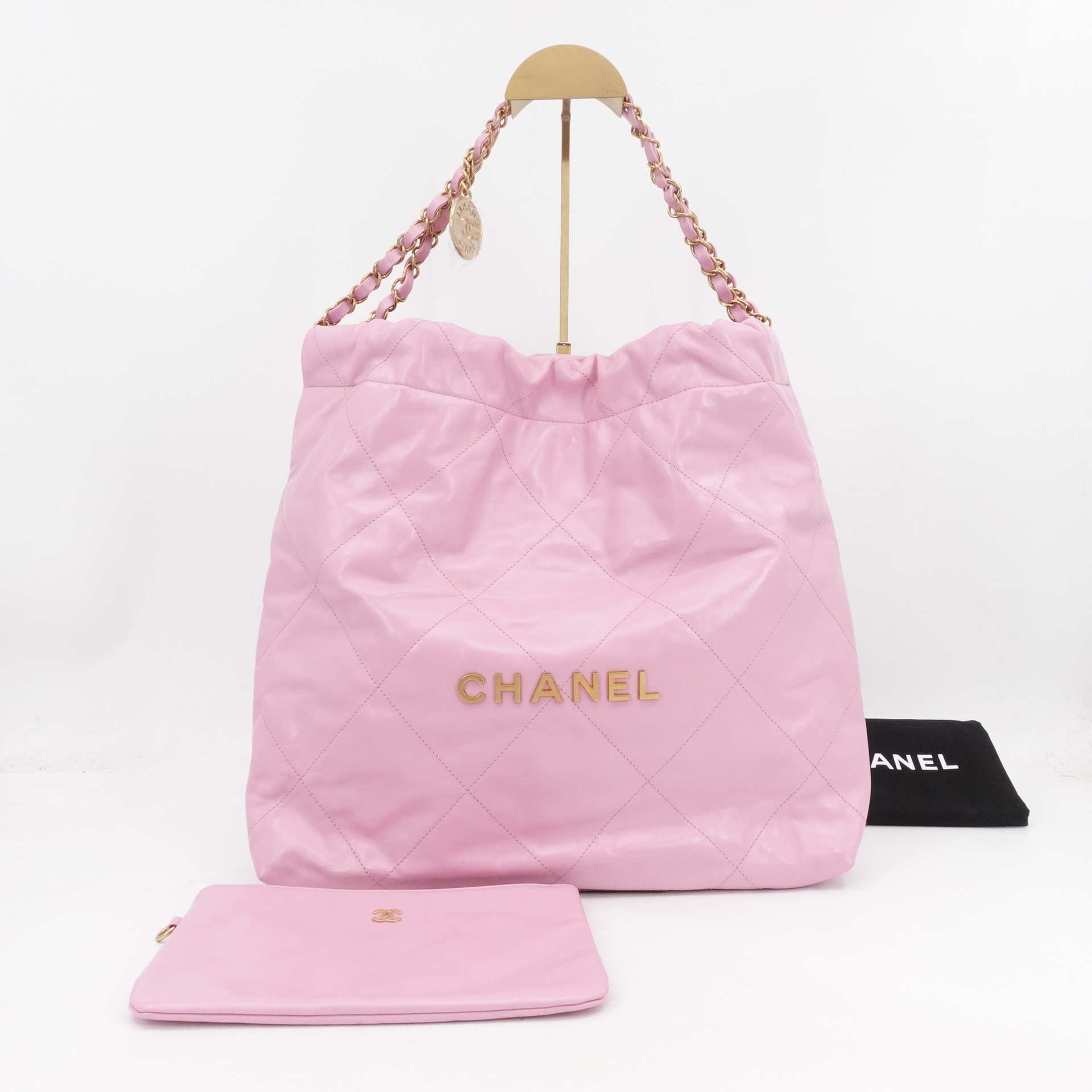 95新 Chanel/香奈儿 22bag垃圾袋中号樱花粉单肩包/77397801