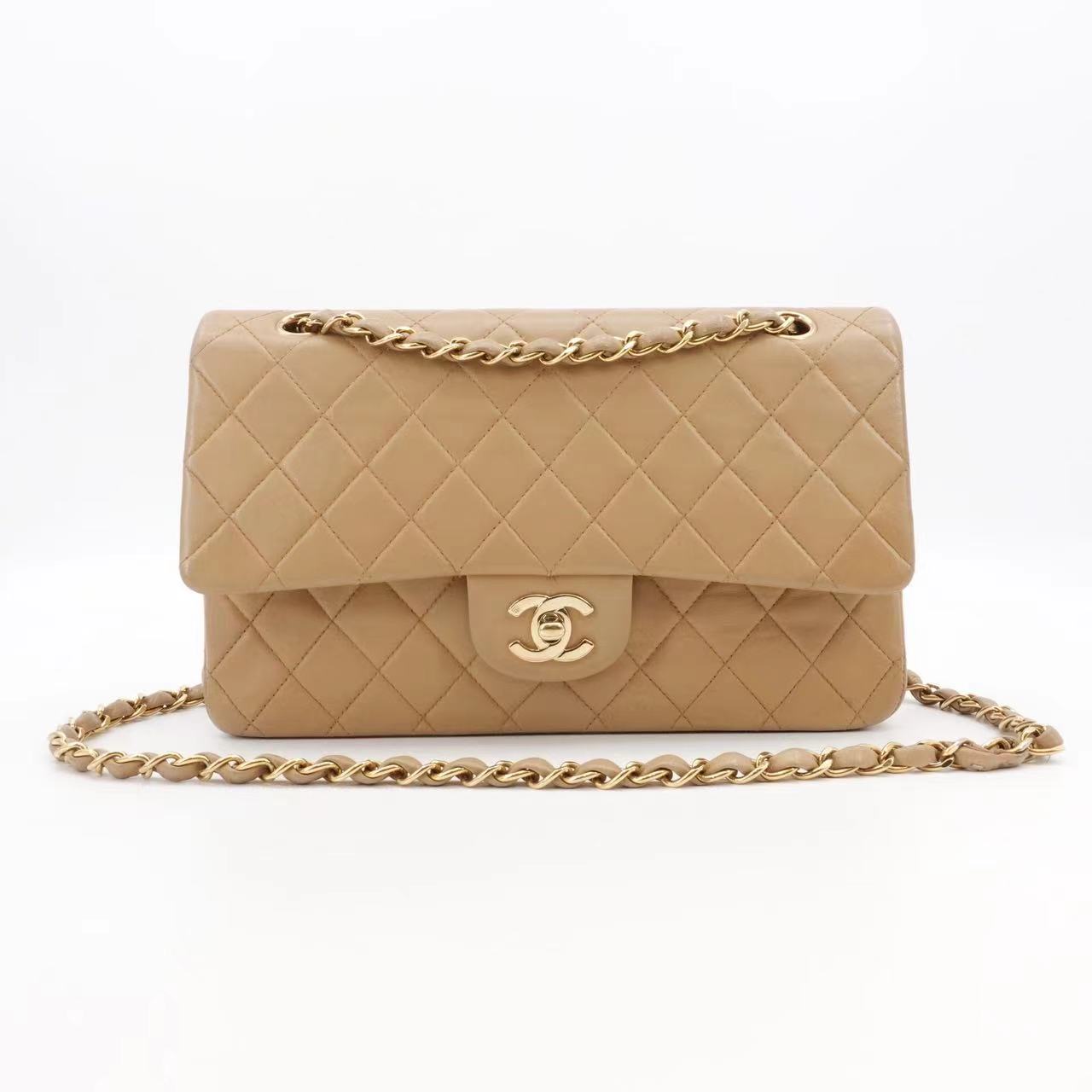 95新 Chanel/香奈儿 香奈儿/GGS｜香奈儿cf中号奶茶色金扣牛皮单肩