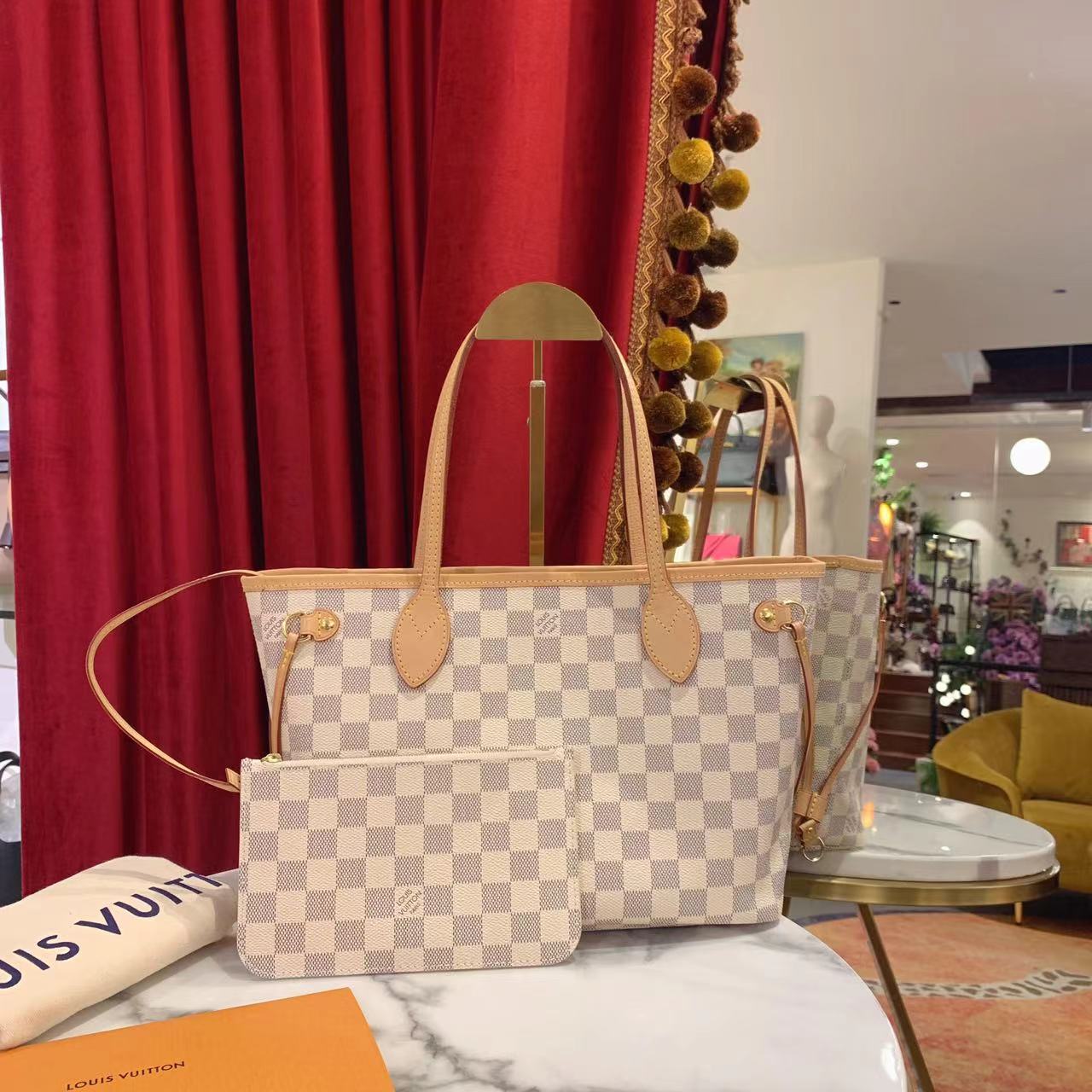 95新 LouisVuitton/路易威登 neverfull小号棋盘格金扣/80787221